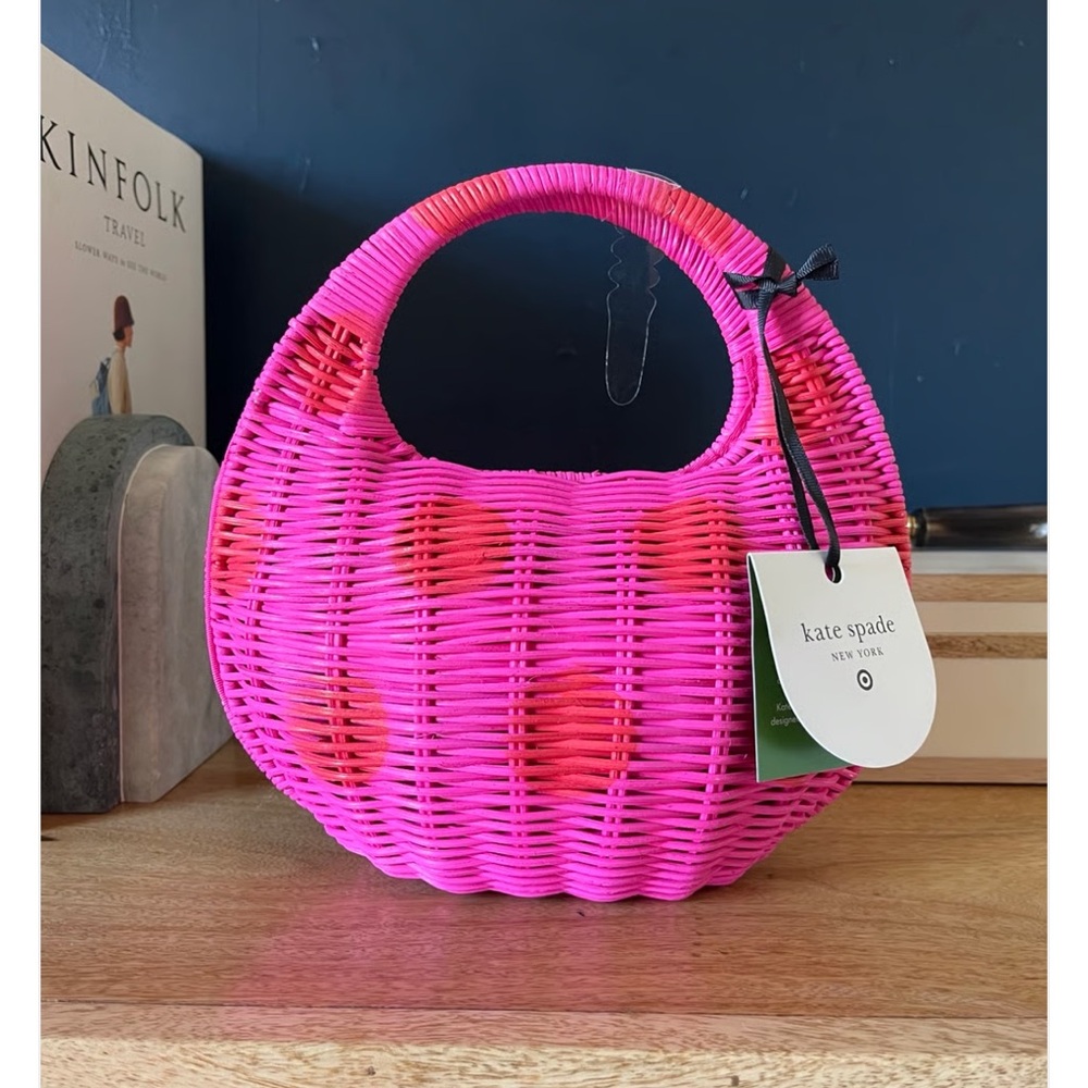 Kate Spade x Target Pink Red Polka Dot Woven Wicker Crescent Handbag Limited